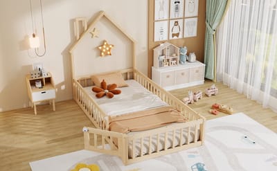 Huisjesbed Met Schoorsteen - 90x200 Cm - Kinderbed Met Reling En Lattenbodem - Grenen - Natuurlijk