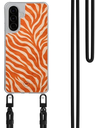 Hoesje met koord geschikt voor Samsung Galaxy A56 - Zebra oranje - Inclusief Zwart koord - Crossbody beschermhoes - Transparant, Oranje - Mooie Telefoonhoesjes