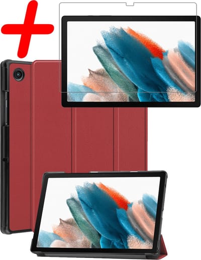 Hoesje Geschikt voor Samsung Galaxy Tab A8 - Met Screenprotector - Trifold Bookcase - Hard Cover - Hardcover Book Case - Tablet Hoes - Donkerrood