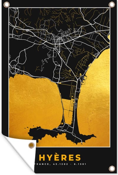 Muurdecoratie Plattegrond – Hyères – Stadskaart – Kaart – Frankrijk - 120x180 cm - Tuinposter - Tuindoek