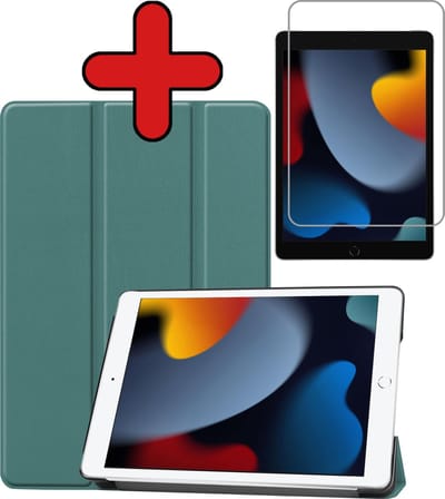 Hoesje - Geschikt voor Apple iPad 9 (2021) - 10.2 inch - 9e Generatie - Met Screenprotector - Hardcover Book Case - Trifold Bookcase Hoes - Hard Cover - Tablethoes - Donkergroen