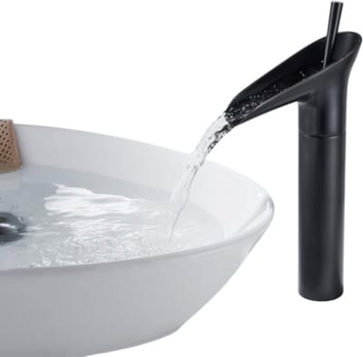 Moderne Kraan met Waterval Uitloop - Mat Zwart - Modern Design - Warm en Koud Water Mengkraan - Badkamer - Toilet - Messing en Keramisch