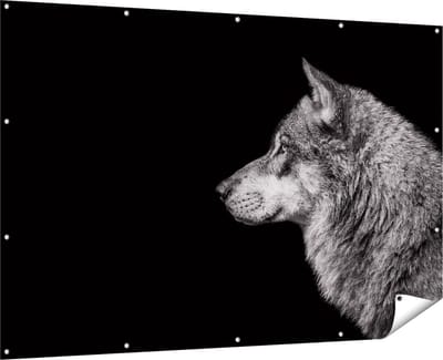 Gards Tuinposter Wolvenkop - Wolf - Zwart Wit - 180x120 cm - Tuindoek - Tuindecoratie - Wanddecoratie buiten - Tuinschilderij