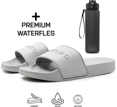 Dutch'D ® Rubberen slipper + Handige Waterfles! - Grijs - Maat 41/42 - anti slip - Comfortabel - Dubbele maten - unisex - Heren Badslippers - Slippers - Badslippers