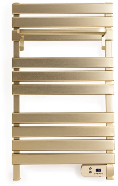CREATE - Elektrische handdoekhouder 500W - Geborsteld goud - Zonder benen - Met legbord 3 spijlen - WARM TOWEL