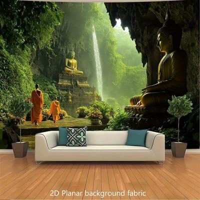 Boeddhistische Tempel Waterval Wandkleed Zen Tuin Meditatie Kunst Boeddhistische Decoratie Vredige Natuur Woonkamer Stofprint 70x100CM gray
