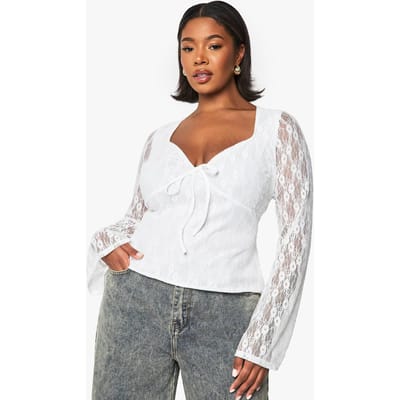 boohoo Dames PLUS TOP MET STRIKDETAIL AAN DE VOOR, LANGE MOUWEN, FLARE MOUWEN | Wit | Maat: 44
