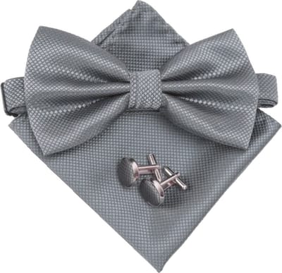 Fako Fashion - Vlinderstrik, Pochette & Manchetknopen - Kleine Ruit - Vlinderdas - Strikje - Pochet - Zilvergrijs