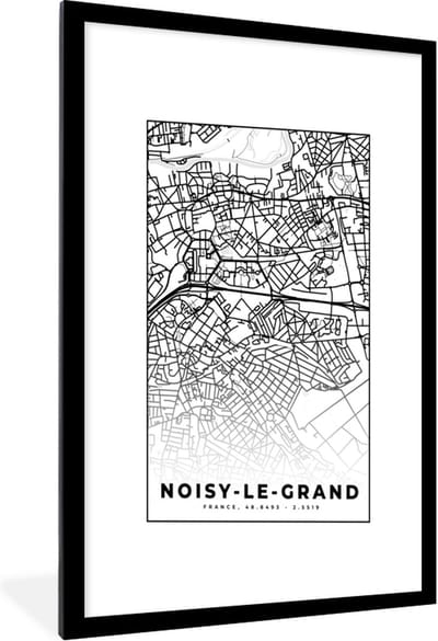 Fotolijst incl. Poster Zwart Wit- Stadskaart - Plattegrond - Kaart - Noisy-le-Grand - Frankrijk - Zwart wit - 60x90 cm - Posterlijst