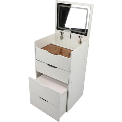 Coiffeuse avec miroir rabattable lumière table de maquillage avec tiroirs tabouret rangement petite coiffeuse white