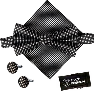 Fako Fashion - Vlinderstrik, Pochette & Manchetknopen Blok - Vlinderdas - Strikje - Pochet - Geblokt - Zwart