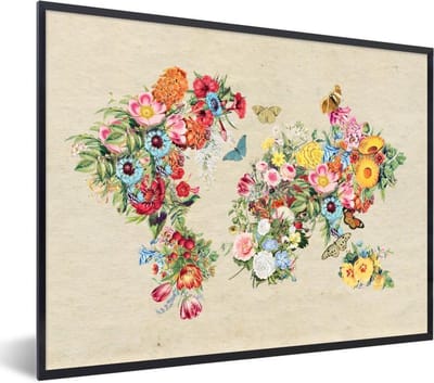 Fotolijst incl. Poster - Wereldkaart - Vintage - Bloemen - 40x30 cm - Posterlijst