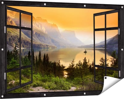 Gards Tuinposter Doorkijk Bergen met een Meer in Nationaal Park Glacier - 120x80 cm - Tuindoek - Tuindecoratie - Wanddecoratie buiten - Tuinschilderij