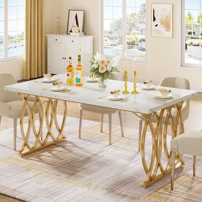 Tribesigns Eettafel - Keukentafel - 160 x 80 x 75 cm - Eetkamertafel Voor 6 Personen - met Imitatiemarmeren Tafelblad en Geometrische Poten - Modern Design - Wit en Goud