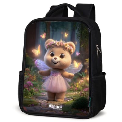 NoBoringSuitcases.com® - Rugzak zwart meisjes - Schooltas meisje - NoBoringSuitcases.com® - Rugzak zwart - Schooltas jongen & meisje - Beer - Vlinders - Bos - Fairy - Rugtas voor school - Boekentas kind - Schoolrugzak - Kinderrugzak