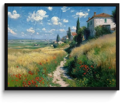 Poster in lijst - Fotolijst 80x60 cm - Posters - Zandpad - Huis - Bomen - Grasveld - Posterlijst zwart - Decoratie - Wanddecoratie woonkamer - Muurdecoratie slaapkamer