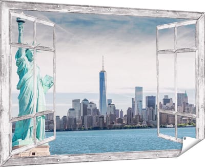 Gards Tuinposter Doorkijk Vrijheidsbeeld in New York - 180x120 cm - Tuindoek - Tuindecoratie - Wanddecoratie buiten - Tuinschilderij