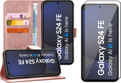 Hoesje geschikt voor Samsung Galaxy S24 FE - Screenprotector Volledig Dekkend Glas - Portemonnee Book Case Rosegoud
