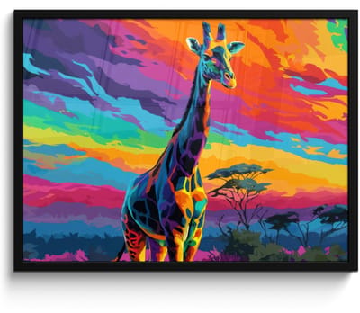 Poster in lijst - Fotolijst 80x60 cm - Posters - Giraffe - Savanna - Lucht - Gekleurd - Posterlijst zwart - Decoratie - Wanddecoratie woonkamer - Muurdecoratie slaapkamer