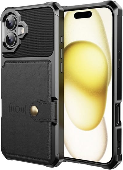 YPCd Hardcase Kaarthouder Hoesje – Geschikt voor Apple iPhone 17 – Shockproof Backcover met Pasjesvak en Drukknop – Magneet voor Autohouder – Zwart