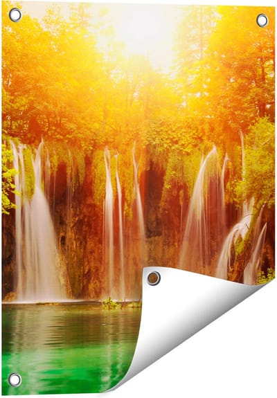 Gards Tuinposter Watervallen bij het Groene Meer met Zon - 40x50 cm - Tuindoek - Tuindecoratie - Wanddecoratie buiten - Tuinschilderij