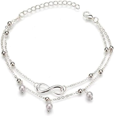 Dubbele enkelketting - Zilver parel - Strandfeest - Verstelbaar geluks symbool - 27 cm - Zilver