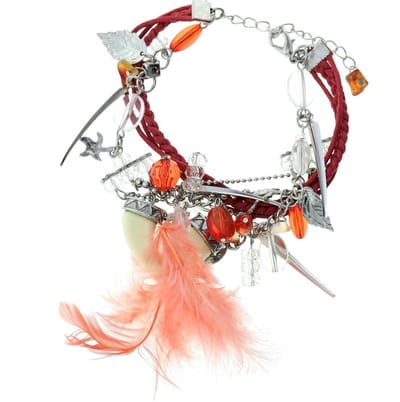 Behave - rode armband met bedels en veren - zomerse festivalstijl