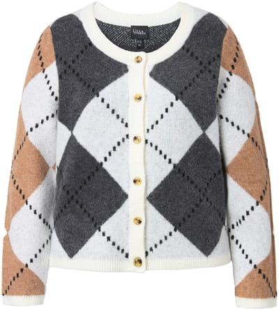 Ulla Popken - Dames - Vest ruiten ronde hals lange mouwen - Beige - Maat 50+
