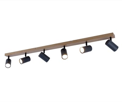 Plafondlamp hout spot 6 vlammen, spots beweegbaar landhuisstijl, metaal grafietbruin, 6x GU10 stopcontacten, LxBxH 115x6x12cm