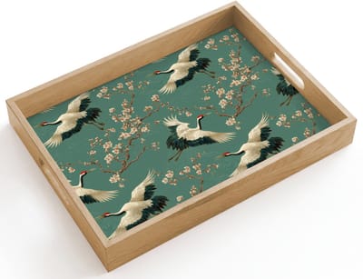 Dienblad hout 40x30 cm - Schootdienblad - Kersenbloesem - Kraamvogels - Groen - Borrelplank rechthoek - Plateau dienbladen