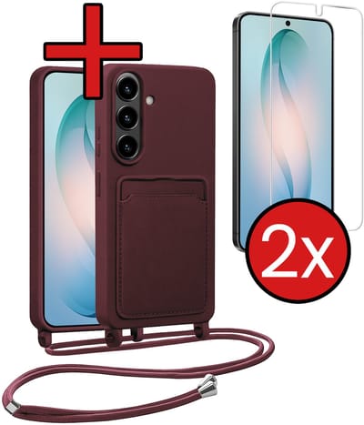 Hoesje Geschikt voor Samsung S26 Hoesje Siliconen Case Met Koord Met 2x Screenprotector - Hoes Geschikt voor Samsung Galaxy S26 Hoesje Backcover Met Telefoonkoord - Aubergine