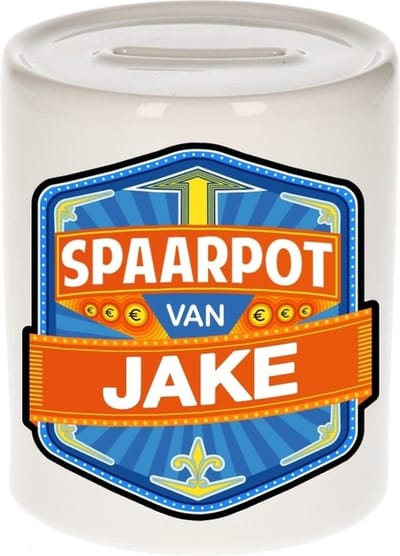 Bellatio Decorations Kinder spaarpot met naam - Jake - keramiek - met dop - wit - Sparen - Spaargeld van Jake