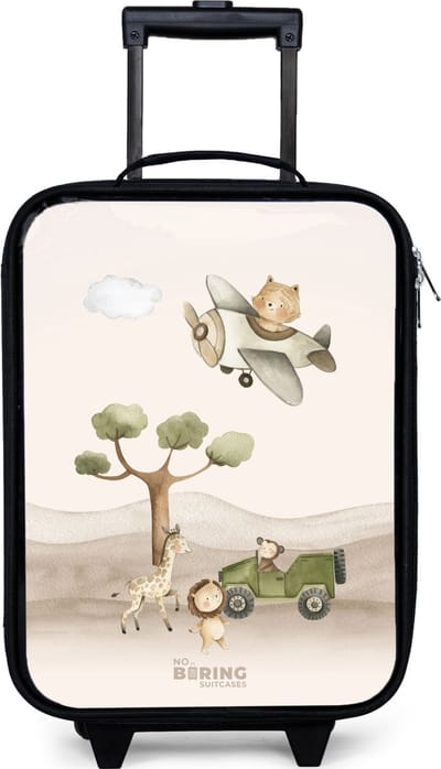 NoBoringSuitcases.com® - Kinderkoffer jongen - Kindertrolley meisje - Dieren op safari - Koffer kind lichtgewicht - Reiskoffer trolley voor kinderen - Koffertje met lichtgevende wieltjes - Rolkoffer zwart