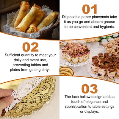 50 stuks kanten papieren dekjes, 9 cm, goud, rond, wegwerpdecoratiepapier, placemats, holle bloemen, absorberend papier voor taart, desserts, levensmiddeldecoratie, bruiloft, verjaardag
