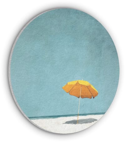 Akoestisch wandpaneel rond 30x30 cm - Vilt schilderij Parasol - Geel - Strand - Zee - Ronde akoestische panelen - Geluidsdempende wanddecoratie - Geluidsisolatie wandcirkel - Muurdecoratie geluidspanelen