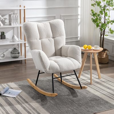 Pugsdrly Mid Century moderne schommelstoel van teddy-stof met getufte bekleding, gestoffeerde zitting voor de woonkamer en slaapkamer, wit