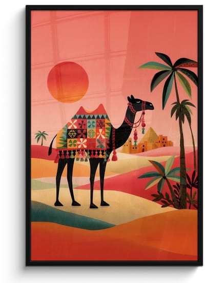 Poster in lijst - Fotolijst 80x120 cm - Posters - Kameel - Gekleurd tapijt - Duinen - Rode zon - Posterlijst zwart - Decoratie - Wanddecoratie woonkamer - Muurdecoratie slaapkamer