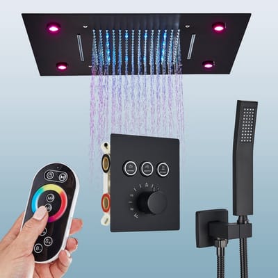 Zwart Inbouw Douchesysteem Met LED en Digitaal Display - 49cm×35cm Douchekop, Handdouche, Oplopend Badkraan