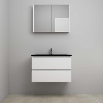 On-Line Badkamermeubelset - 80 cm - Voorgemonteerd - Ladestructuur - Acryl Wastafel - 1 Kraangat - Spiegelkast - Hoogglans Wit