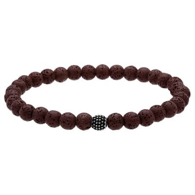 Lucardi - Heren Stainless steel herenkralenarmband bruin lavasteen - Armband - Staal - Zilverkleurig - 18 cm