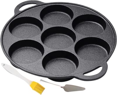 Gietijzeren pan - Ontbijt bakplaat - Mini pannenkoeken bakken - Zeven ronde gaten - 30.5 cm - Zwart