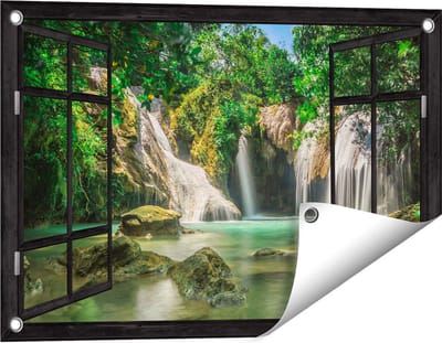 Gards Tuinposter Doorkijk Tropische Waterval - 60x40 cm - Tuindoek - Tuindecoratie - Wanddecoratie buiten - Tuinschilderij