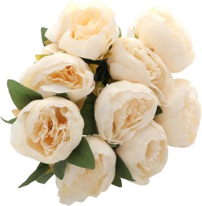 Chaks Pioenen kunstbloemen boeket - 9x - ivoor/zalmkleurig - L43 cm