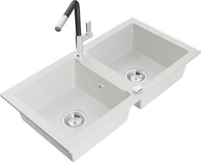 Mexen Mario granieten gootsteen 2-kamers met keukenkraan Flora, wit - 6504-20-670401-07
