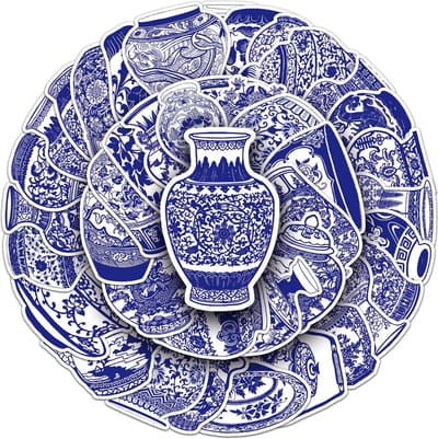 Chinees Porcelein stickers - 50 stuks - 5x6 CM - Thema Stickers China met Vazen en Schalen - Blauw/Wit Oosters