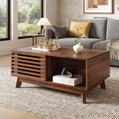 HAUSS SPOLE Salontafel - Verstelbaar Tafelblad Met Schuifdeur En Opbergruimte - Voor Woonkamer En Kleine Ruimtes - MDF - 90x55x57,5 Cm - Walnoot