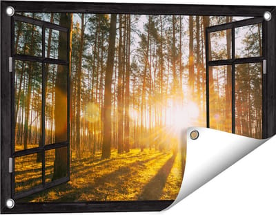 Gards Tuinposter Doorkijk Zonsopkomst in het Bos tussen de Bomen - 60x40 cm - Tuindoek - Tuindecoratie - Wanddecoratie buiten - Tuinschilderij