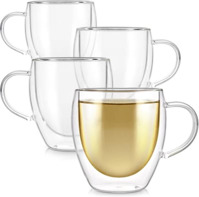 Teabloom Dubbelwandige Kopjes – 250 ml – Set van 4 Geïsoleerde Glazen Kopjes voor Thee, Koffie, Espresso en Meer