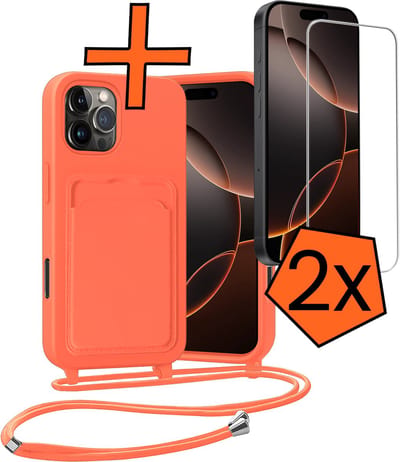 Hoesje Geschikt voor iPhone 16 Pro Max Hoesje Met Telefoonketting Pasjeshouder Case Met 2x Screenprotector Koord - Hoesje Geschikt voor iPhone 16 Pro Max Hoes Met Kaarthouder - Papaya