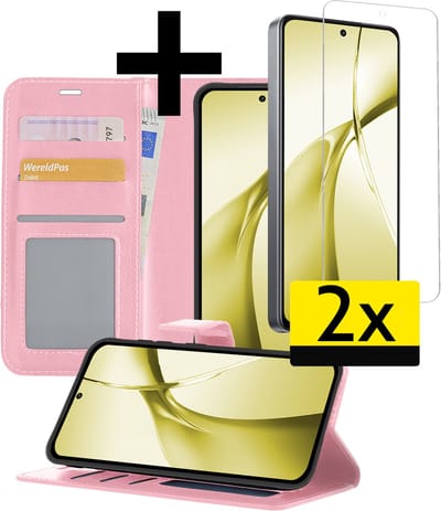 Hoesje - Met 2x Screenprotector - Geschikt voor OnePlus Nord CE4 - Luxe Pasjeshouder - Bookcase Portemonee - Flip Case - Kunstleer Book Case - Flipcase Hoes - Book Cover - Walletcase - Portemonneehoes - Telefoonhoesjes - Lichtroze